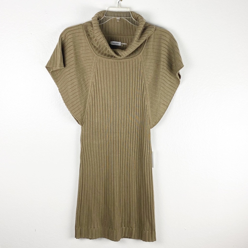 CALVIN KLEIN Taupe Batwing Ribbed Cowl Neck Sweater Dress, Size Small